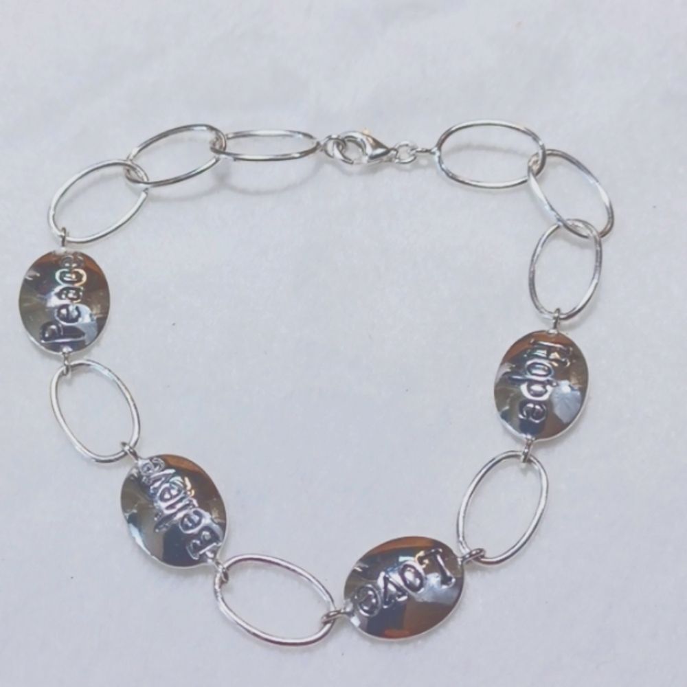 Sterling Silver 925 Signed Hope Love Peace Believe Link Bracelet 7.5 Long